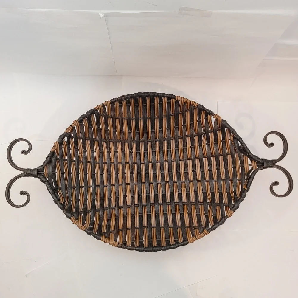 Unbranded Woven Metal Footed Basket Home Decor Brown‎ Black Scroll Handles